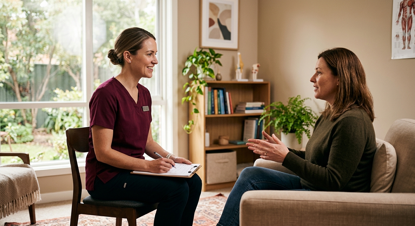 Fisioterapeuta pélvica em consultório acolhedor com paciente, ambiente clínico warm com tons vinho e bege