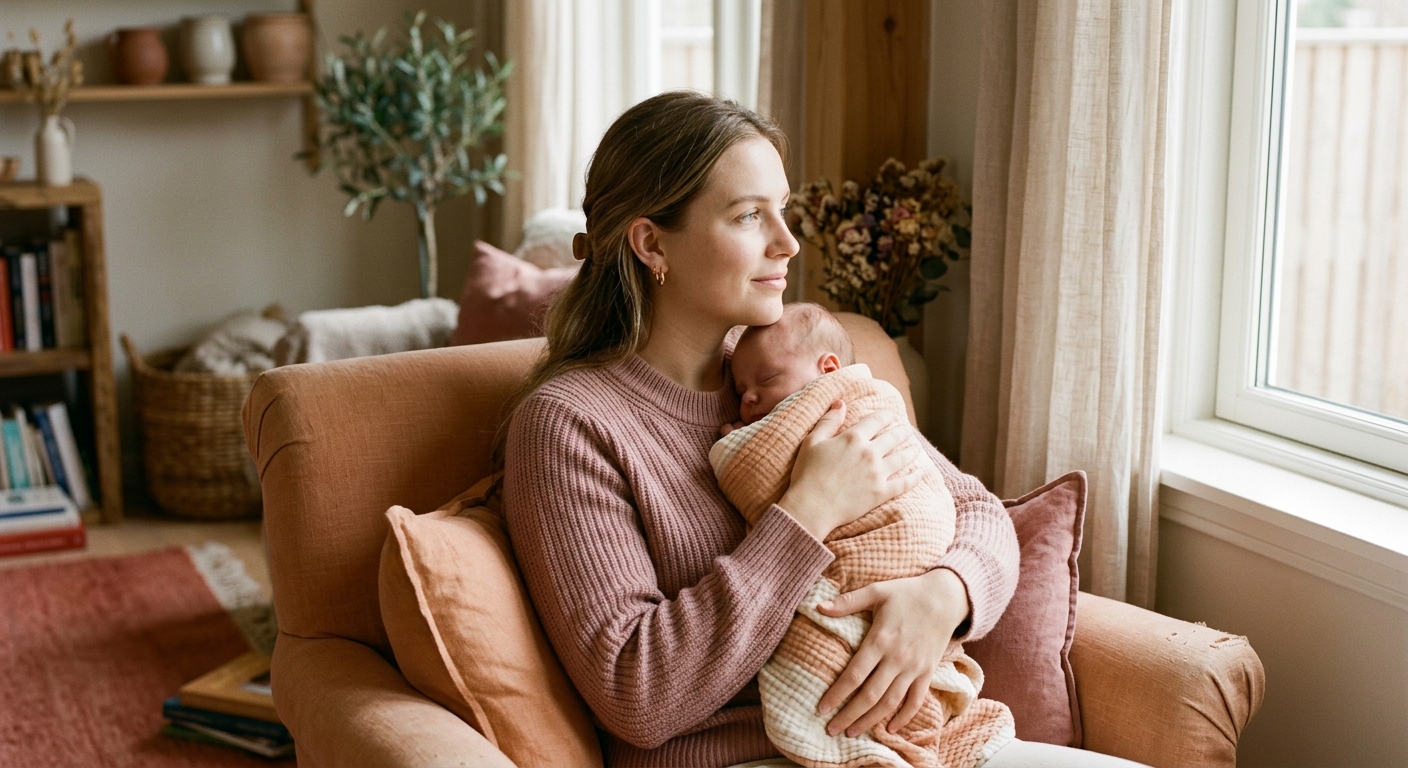 Mãe com seu bebê recém-nascido, luz natural suave, momento íntimo e acolhedor